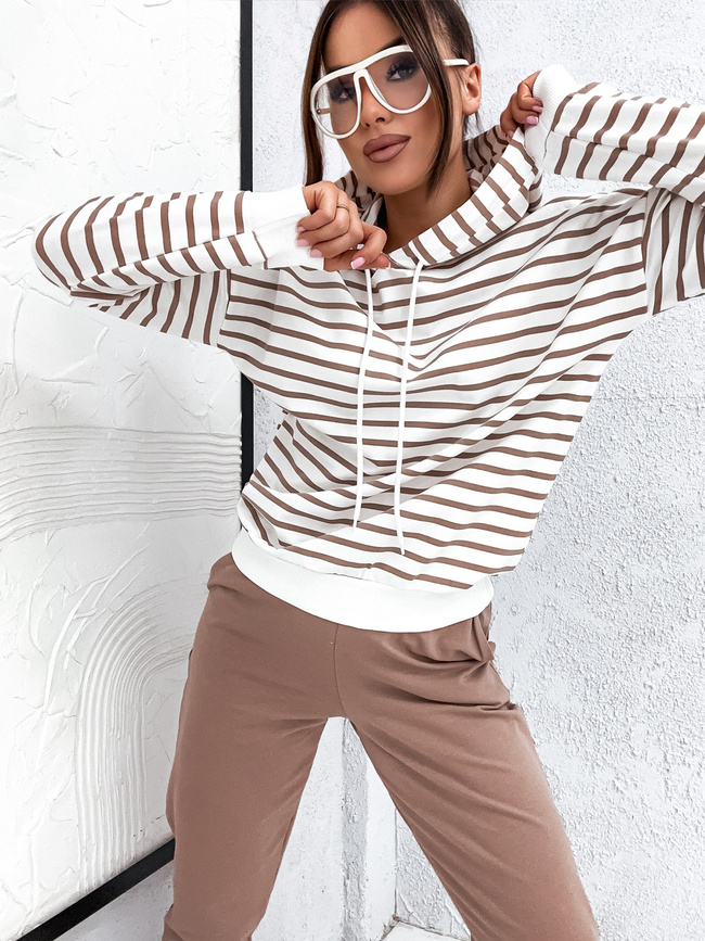 KOMPLET DRESOWY SPODNIE+ BLUZA W PASKI- CAPPUCCINO