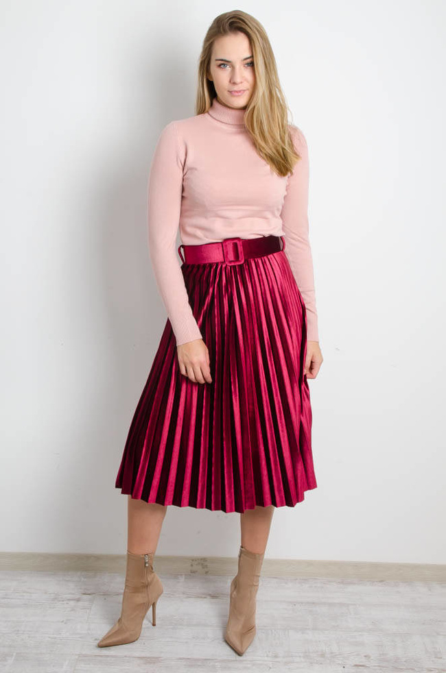 BORDOWA WELUROWA PLISOWANA SPÓDNICA Z PASKIEM-MIDI