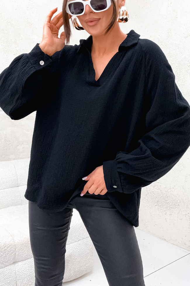 BLUZKA KOSZULOWA MUŚLINOWA- CZARNA