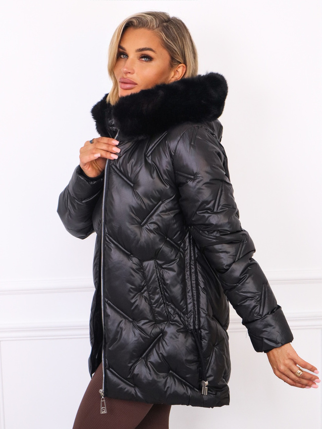 KURTKA ASYMETRYCZNA PIKOWANA Z FUTERKIEM- CZARNA