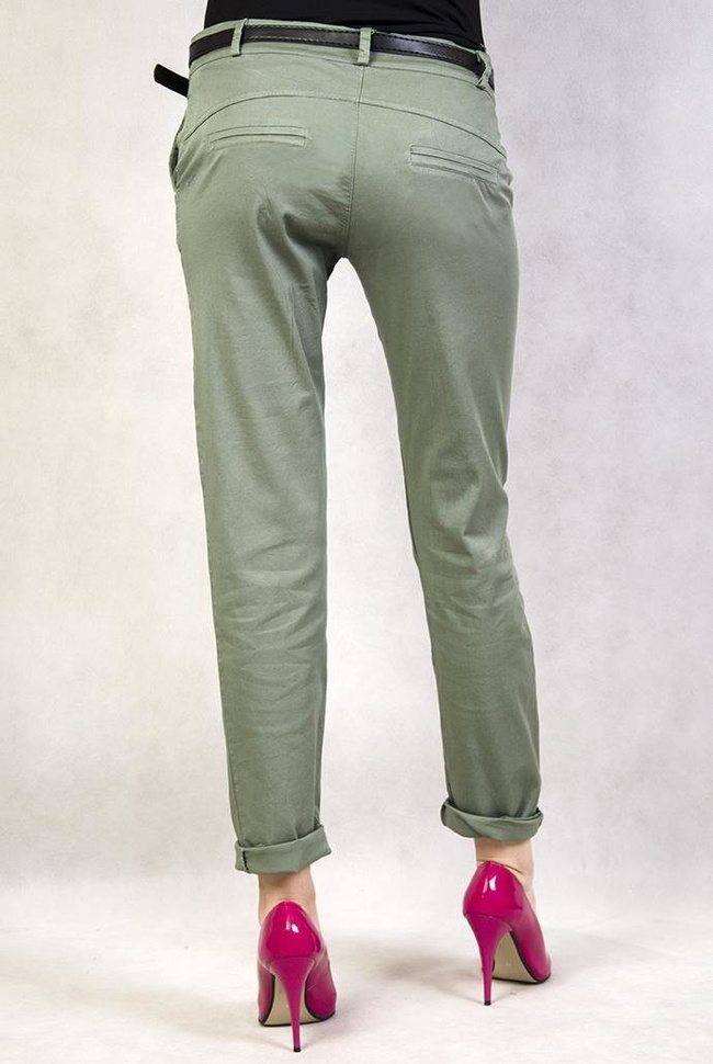 Khaki eleganckie spodnie z czarnym paskiem