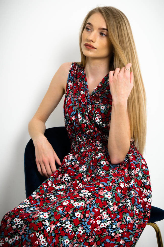 KWIECISTA DŁUGA SUKIENKA Z KOPERTOWYM DEKOLTEM