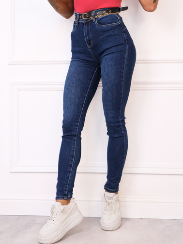 SPODNIE JEANSOWE SKINNY Z WYSOKIM STANEM PUSH UP + PASEK- GRANATOWE