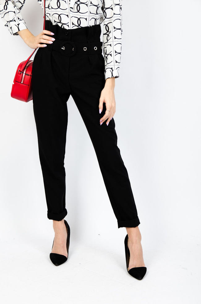 CZARNE ELEGANCKIE SPODNIE Z WYSOKIM STANEM + PASEK