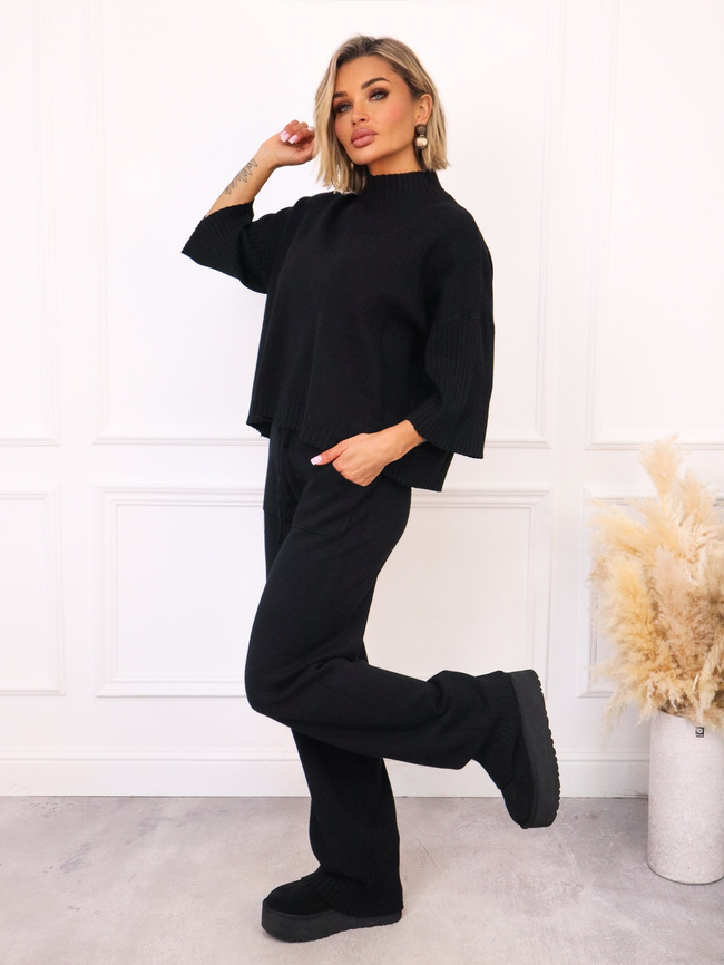 KOMPLET DZIANINOWY SWETER+ SPODNIE- CZARNY