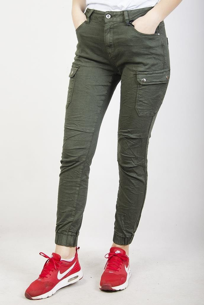 Khaki spodnie joggery z kieszenią z boku