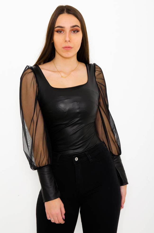 CZARNE BODY Z IMITACJI SKÓRY Z TIULOWYMI RĘKAWAMI