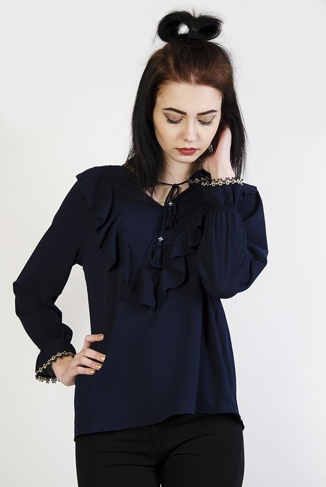 Granatowa bluzka z falbanką i wiązaniem przy szyi