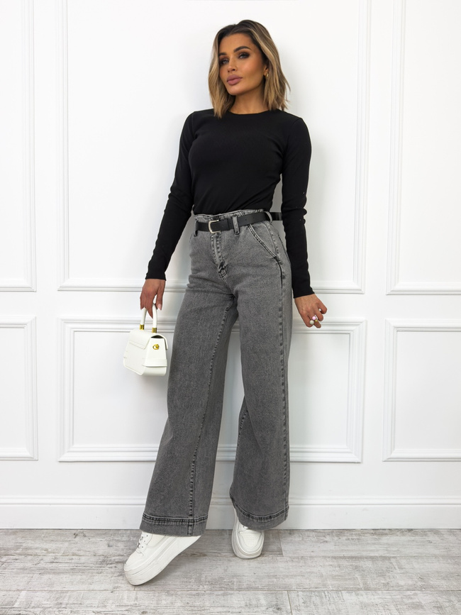 SPODNIE JEANSOWE Z WYSOKĄ TALIĄ I DŁUGIMI NOGAWKAMI + PASEK- NIEBIESKIE