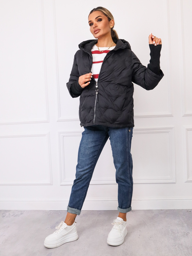 KURTKA PIKOWANA Z MATERIAŁOWYM ŚCIAGACZEM NA RĘKAWIE- CZARNA
