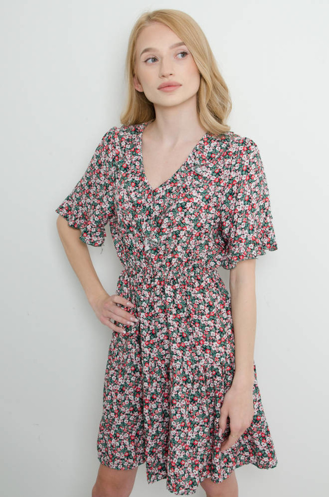 SUKIENKA W KWIATY MINI DEKOLT W SZPIC- CZARNA