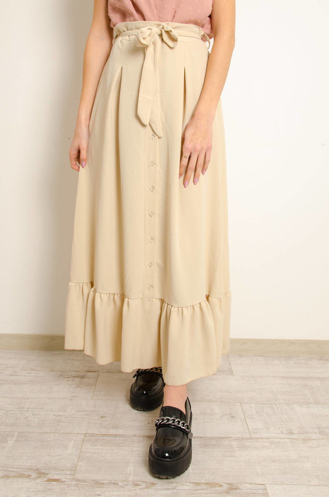 BEŻOWA MAXI SPÓDNICA Z FALBANĄ NA DOLE
