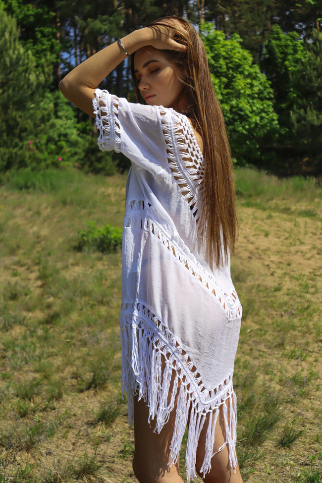 TUNIKA AŻUROWA Z FRĘDZLAMI - BIAŁA