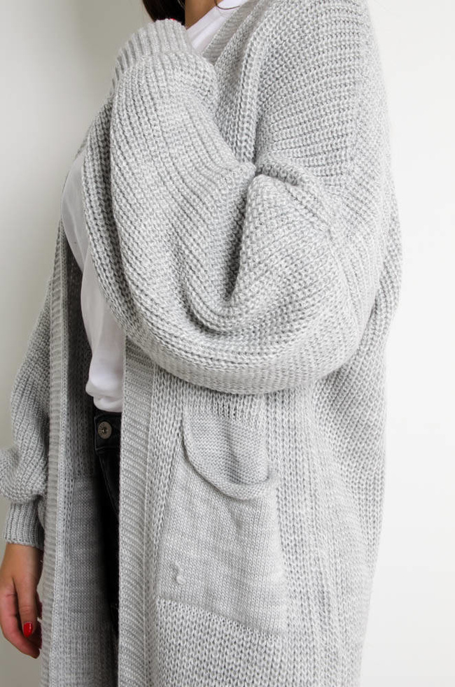 SZARY DŁUGI SWETER KARDIGAN Z SZEROKIMI RĘKAWAMI