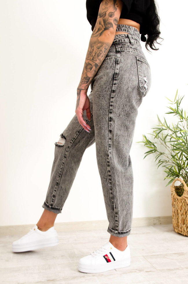 SZARE SPODNIE JEANSOWE MOM FIT Z WYCIECIEM W TALII