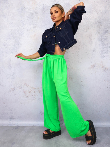 SPODNIE SZEROKIE Z GUMĄ I WIĄZANIEM W PASIE- ZIELONE