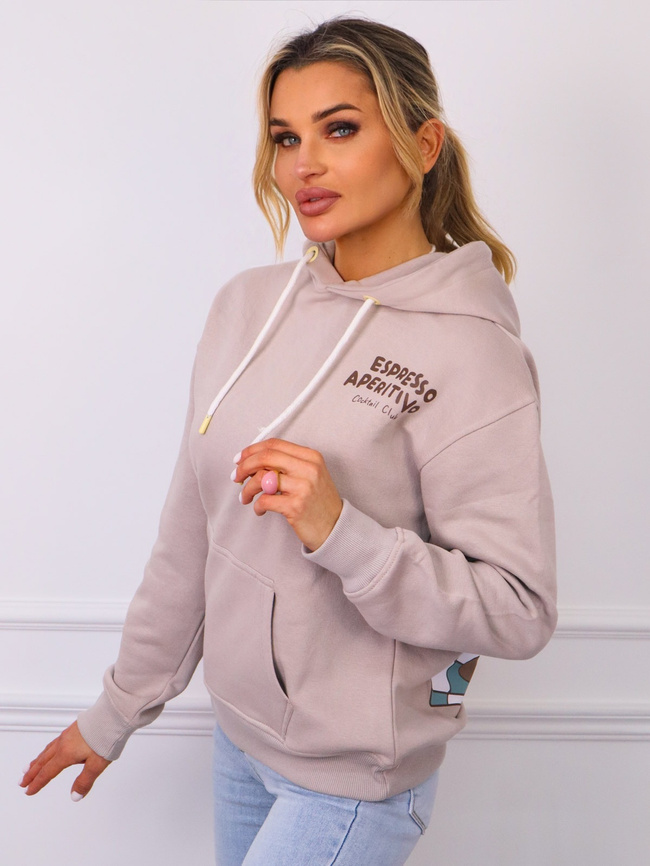 BLUZA Z KAPTUREM Z NAPISEM Z PRZODU I APIKACJĄ NA PLECACH- BEŻOWA