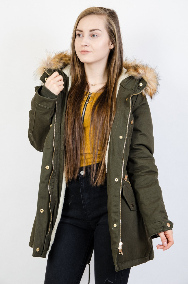 Zielona asymetryczna kurtka ze ściągaczem w pasie