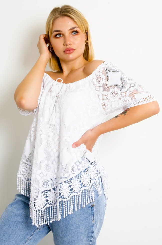 BIAŁA AŻUROWA BLUZKA Z FRĘDZLAMI NA DOLE