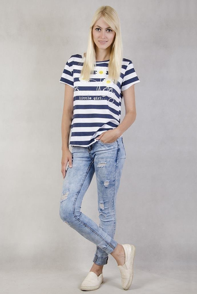 Bluzka w biało-granatowe paski z trzema stokrotkami