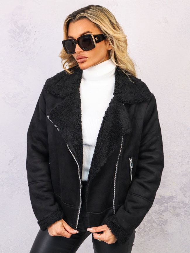 ZAMSZOWA KURTKA Z KOŻUCHEM- CZARNA