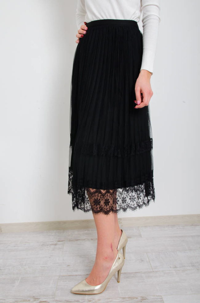 CZARNA DWUSTRONNA SPÓDNICA,WELUR -TIUL- KORONKA