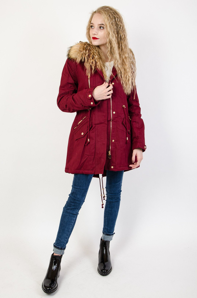 Bordowa asymetryczna kurtka ze złotymi zamkami 