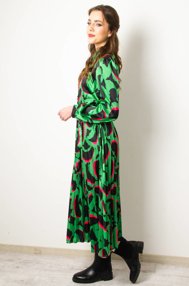 SUKIENKA DŁUGA WE WZORY Z PLISOWANYM DOŁEM- CZARNO-ZIELONA
