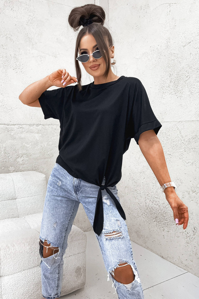BLUZKA NA KRÓTKI RĘKAW WIĄZANA NA BOKU- CZARNA