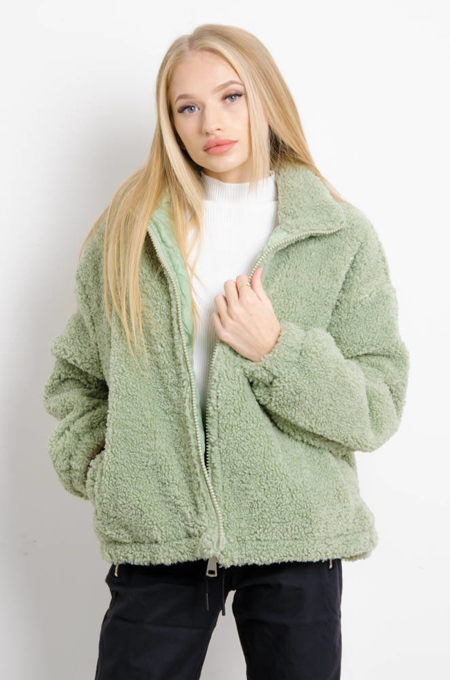 ZIELONA KURTKA Z FUTERKA ZE STÓJKĄ