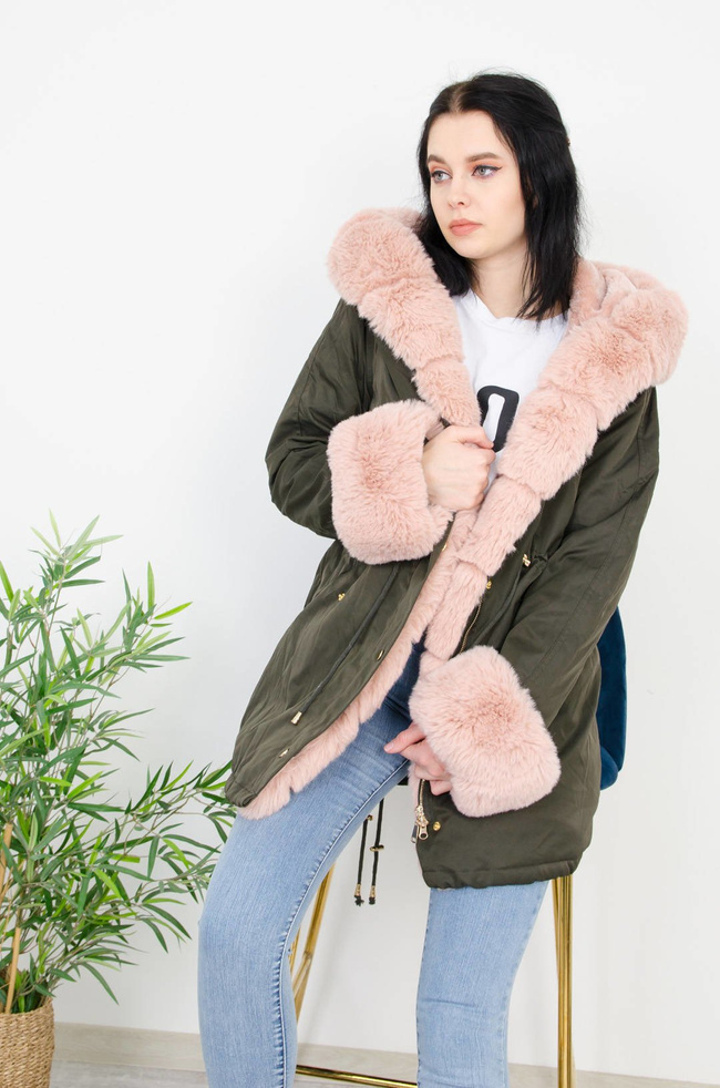 ZIELONA KURTKA PARKA Z RÓŻOWYM FUTERKIEM