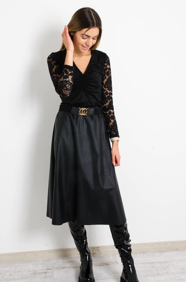 CZARNA ROZKLOSZOWANA SPÓDNICA Z IMITACJI SKÓRY+ PASEK   