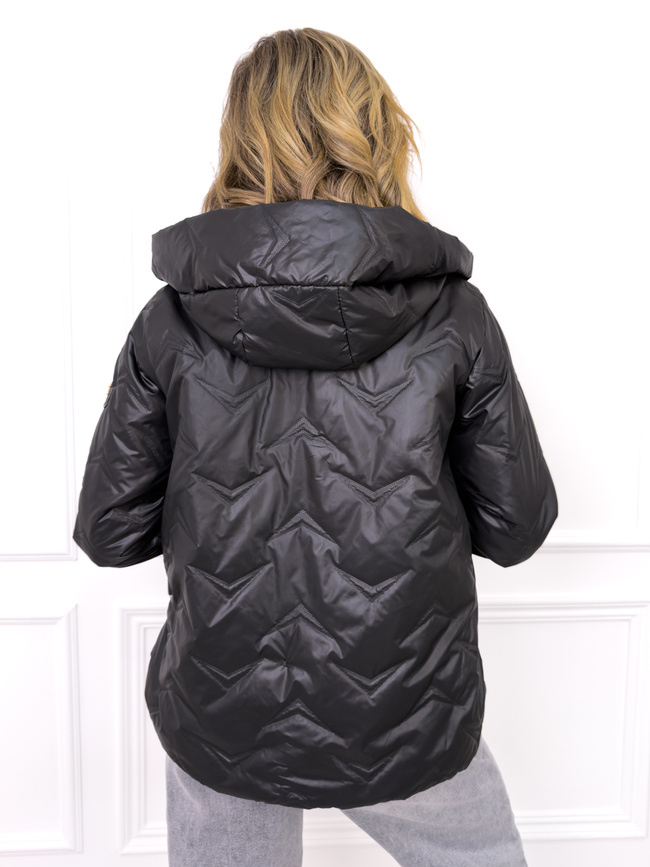 ASYMETRYCZNA KURTKA PRZEJŚCIOWA Z KAPTUREM I ŚCIĄGACZAMI PO BOKACH-CZARNA