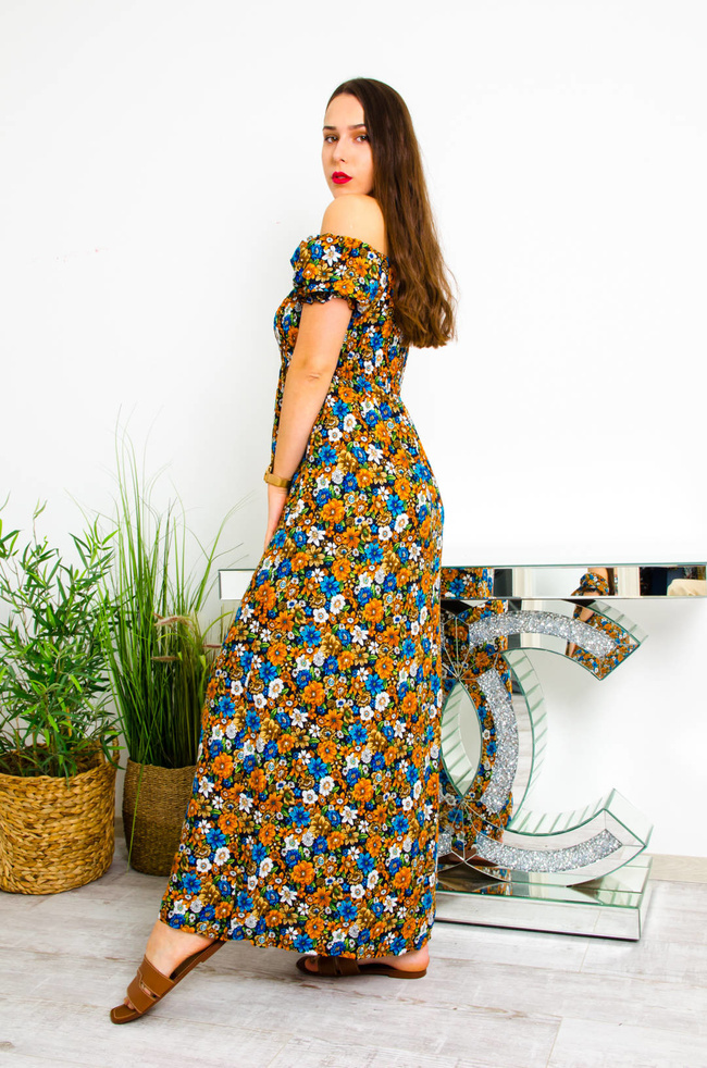 CZARNO-POMARAŃCZOWA DŁUGA SUKIENKA HISZPANKA W KWIATY 
