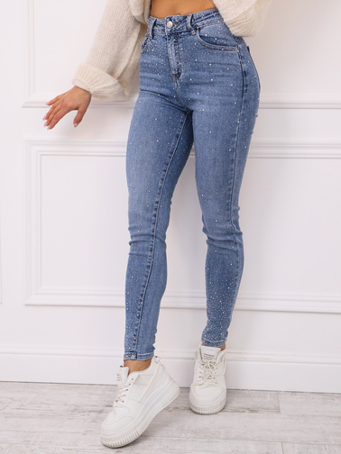 SPODNIE JEANSOWE SKINNY ZDOBIONE CYRKONIAMI- NIEBIESKIE