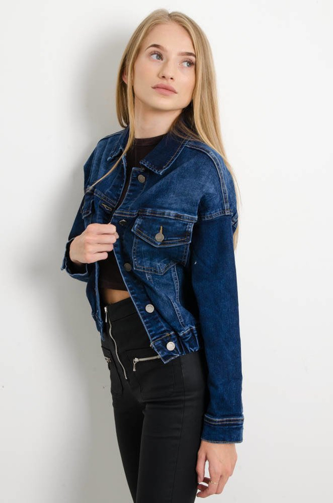 GRANATOWA KURTKA JEANSOWA BOMBERKA ZE ŚCIĄGACZEM