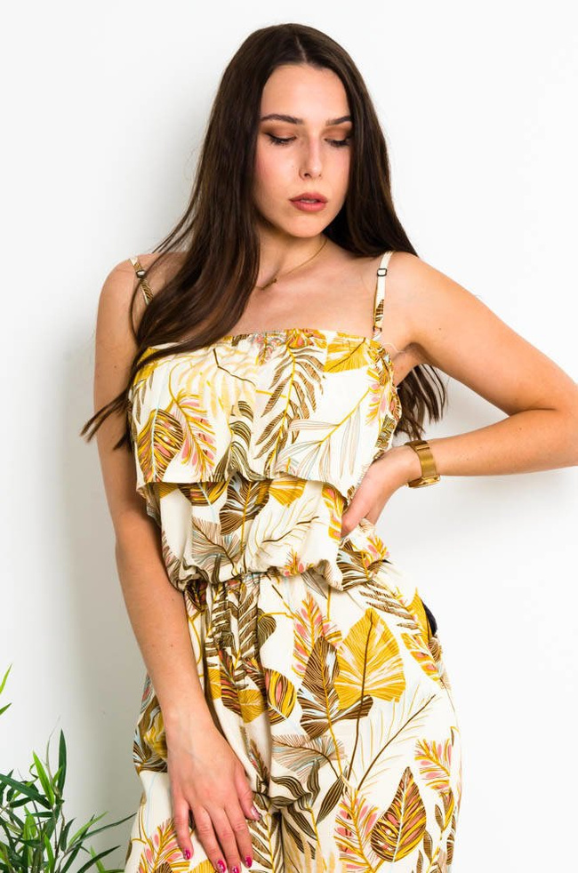 BEŻOWY KOMBINEZON W KWIATY Z HISZPAŃSKIM DEKOLTEM