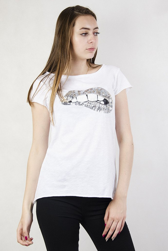 Biała bluzka z cekinowymi ustami