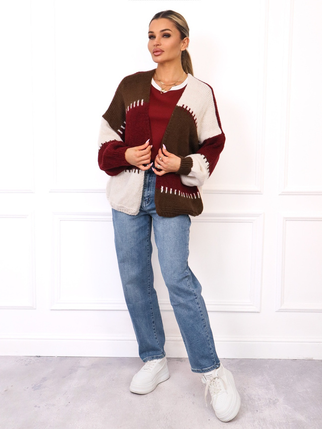 SWETER KARDIGAN Z ŁĄCZONYCH KOLORÓW Z DOMIESZKĄ WEŁNY- BRĄZOWY