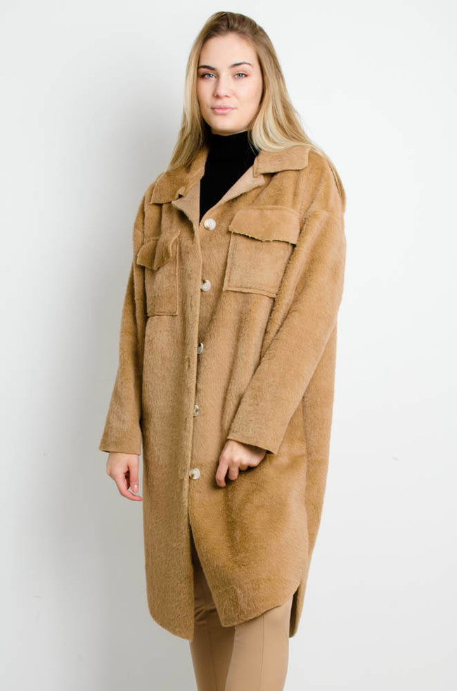BRĄZOWY PŁASZCZ ALPAKA Z KIESZONKAMI 
