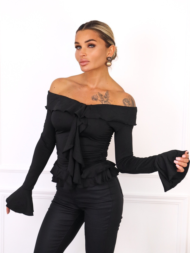 BLUZKA Z FALBANAMI Z PRZODU- CZARNA