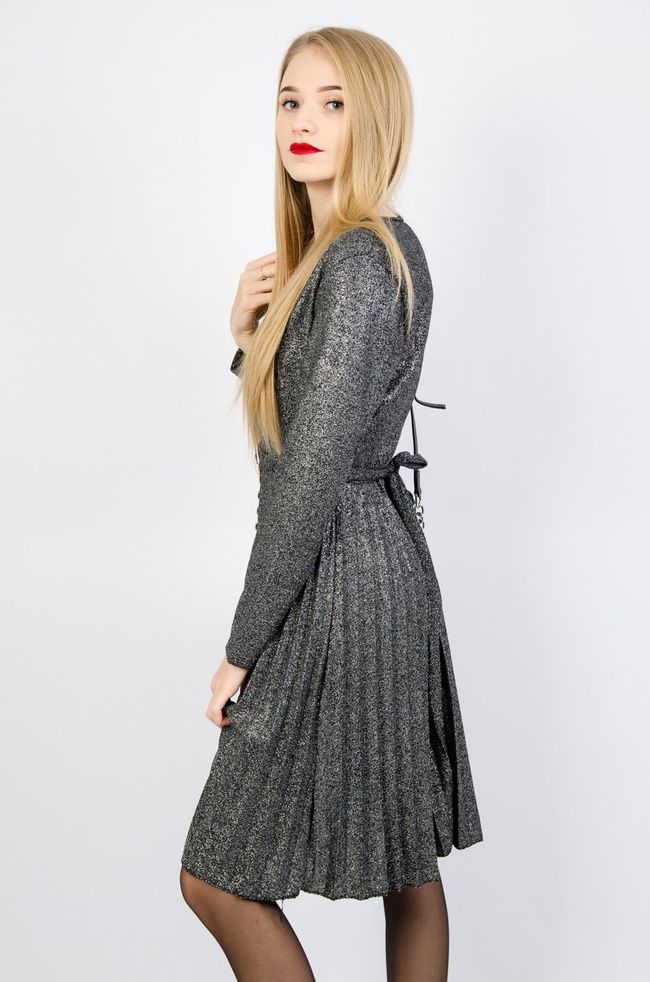 SZARA BROKATOWA SUKIENKA Z PLISOWANYM DOŁEM + PASEK 