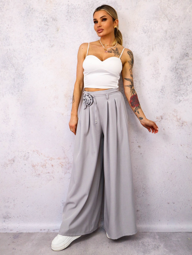 SPODNIE MATERIAŁOWE Z SZEROKIMI NOGAWKAMI I WIĄZANIEM W PASIE- SZARE