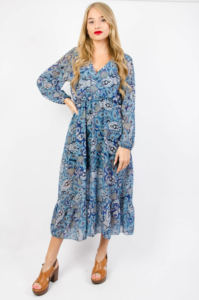 NIEBIESKA SUKIENKA MIDI Z PRINTEM