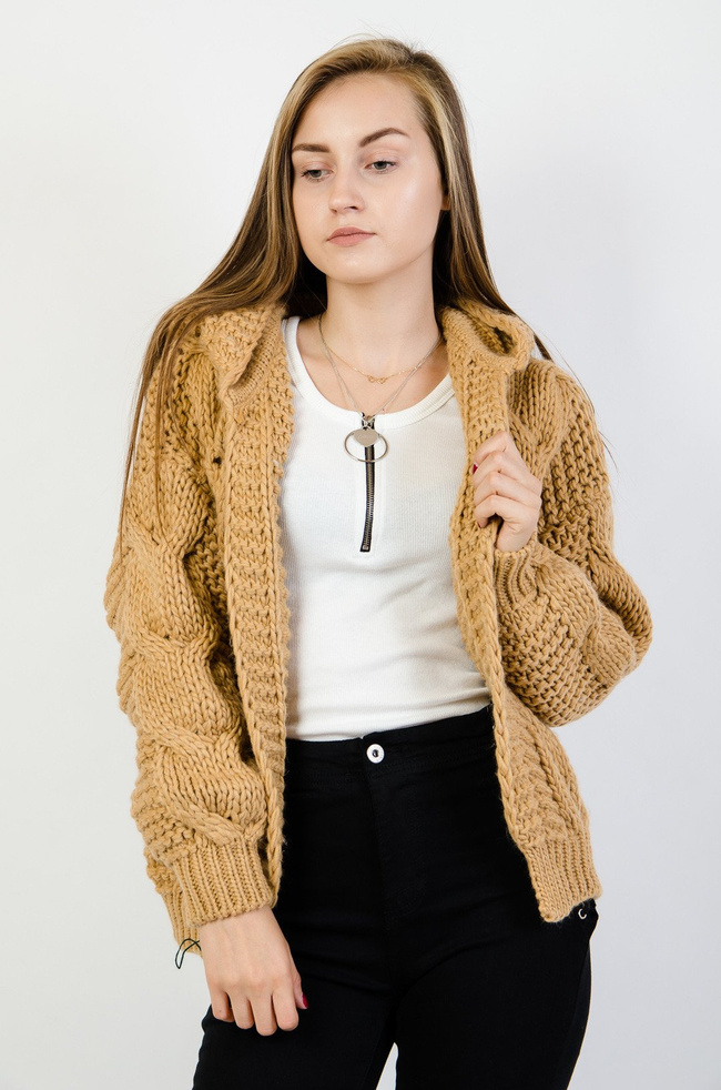  Brązowy pleciony sweter z kapturem 