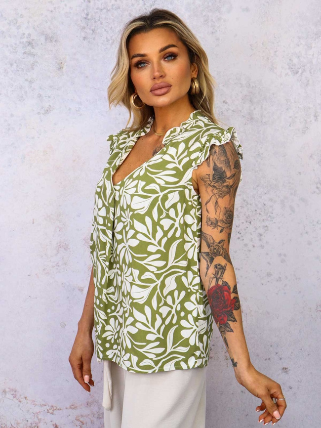 BLUZKA WZORZYSTA Z FALBANKAMI- ZIELONA