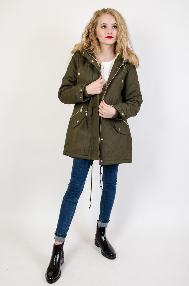 Zielona asymetryczna kurtka ze ściągaczem w pasie