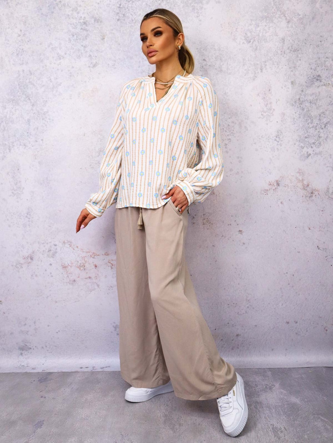 BLUZKA KOSZULOWA W PASKI I KWIATKI- BEŻOWA