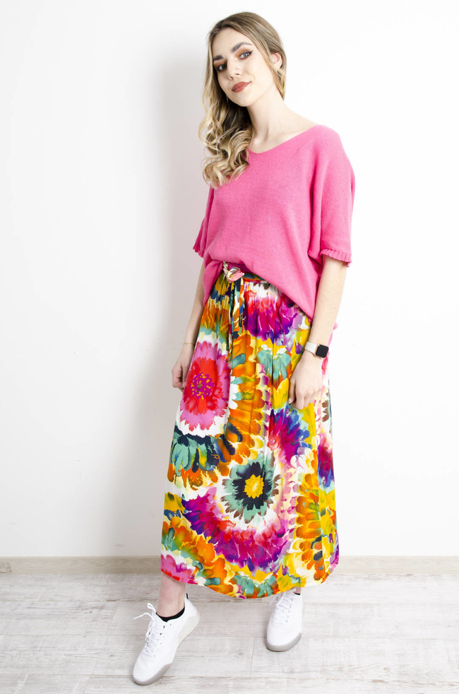 SPÓDNICA MAXI WZORZYSTA W KWIATY WIĄZANA W PASIE- POMARAŃCZOWA