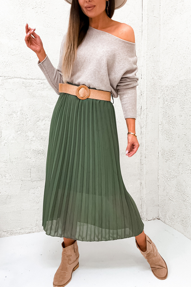 SPÓDNICA MIDI PLISOWANA Z PASKIEM- ZIELONA